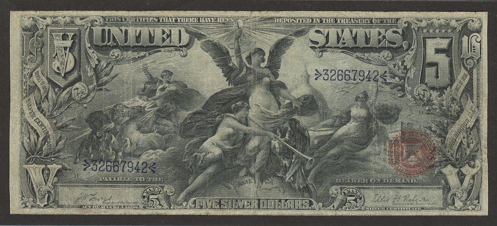 Fr.270, 1896 $5 "Educational" Silver Certificate, Lyons-Roberts, F, 32667942